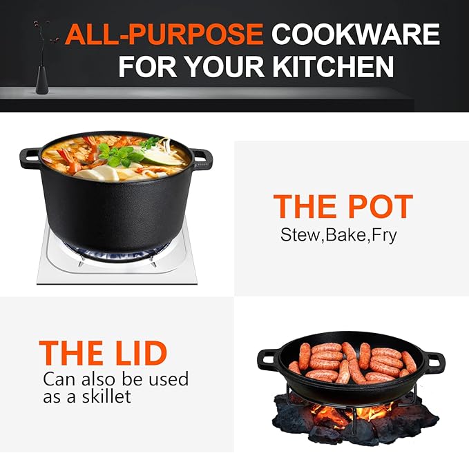 Overmont 2-in-1 Cast Iron Dutch Oven - 5QT Pre-Seasoned All-in-One Casserole Braising Pan with Skillet Lid Cookbook & Silicone Handle Covers - Heavy Duty Oven-Safe Pot for Bread Baking Frying Camping