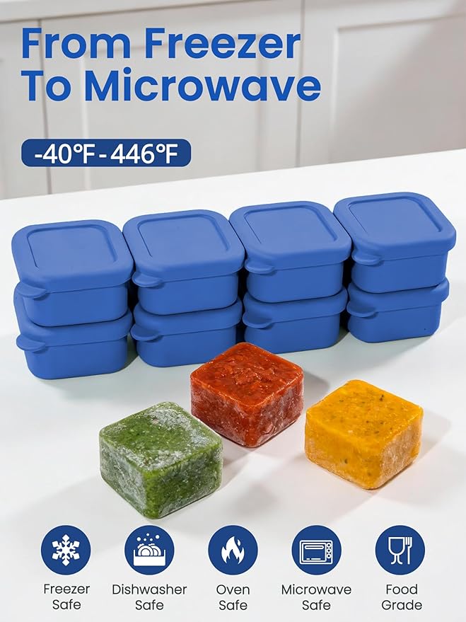 8 Pcs 1/2 Cup Silicone Freezer Molds With Lid, Silicone Freezer Trays for Sauce and Food Storage, Ice Cubes Molds, Small Portion Containers for Meal Prep, Nuts, Snacks, Dessert (Blue)
