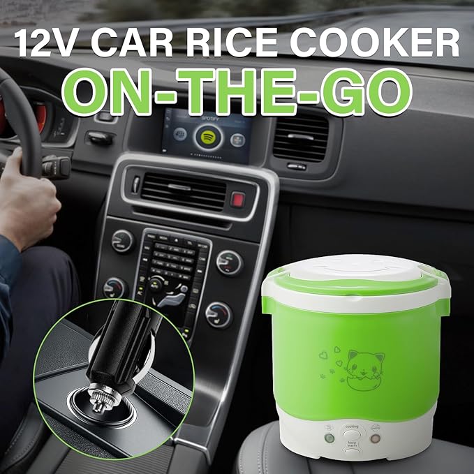 OSBA Mini Rice Cooker, 1L Travel Rice Cooker Small 12V For Car, Cooking For Soup Porridge and Rice, Cooking Heating and Keeping Warm Function(Green)