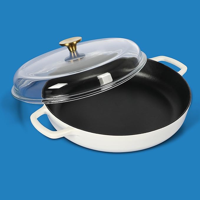 Sur La Table Kitchen Essentials Supper Club 3.75 Quart Enamel Cast Iron All In One Multi-Purpose Non-Toxic Nonstick Braiser Pan W/Borosilicate Glass Lid - Eggshell White