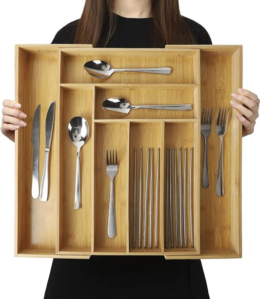 Expandable Bamboo Kitchen Drawer Organizer – Silverware Organizer, Utensil Holder & Cutlery Tray Drawer Dividers for Flatware (20"x16.9" Large Size, 8 Slot, Natural)