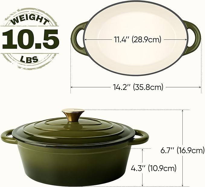 Oval Dutch Oven for Bread Baking, 4.5 Quart Non Stick Enameled Cast Iron Dutch Oven Pot with Lid, Oven Safe Oval Casserole with Lid up to 500°F for Baking, Braising, Stews, Roasting, Golden Green
