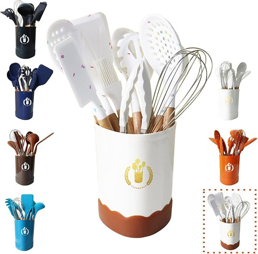 Color Dots Silicone Kitchen Cooking Utensils Set, 11pcs, Wooden Handle, Heat Resistant, Non-Stick Cookware Safe