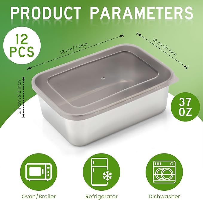 12 Pcs Stainless Steel Food Storage Containers with Lids, 37 oz Metal Lunch Bento Box, Lightweight Stackable Easy Open Meal Prep Container for Kitchen Picnic, Freezer & Dishwasher Safe