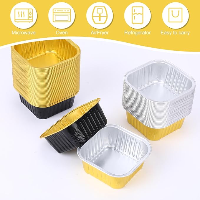 424 Pack Black Gold Mini Cake Pans Set with Lids and Spoons Include 100 Macaron 5oz Disposable Aluminum Foil Baking Pans 100 Lids 100 Spoons 100 Sealing Stickers 24 Gift Bags for Dessert