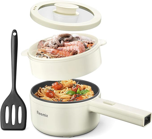 Hot Pot Electric With Steamer, 1.6L Ramen Cooker Non-Stick Sauté Pan for Steak, Egg, Fried Rice, Ramen, Oatmeal, Soup, Portable Personal Perfect Suit Dorm Room and Apartment (White)