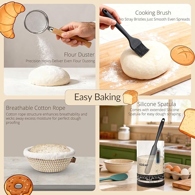 Complete Sourdough Starter Kit with Bamboo Storage Rack Bread Baskets, 12 Set Sourdough Bread Baking Supplies with Glass Sourdough Starter Jar for Bread Making Baking Fermentation
