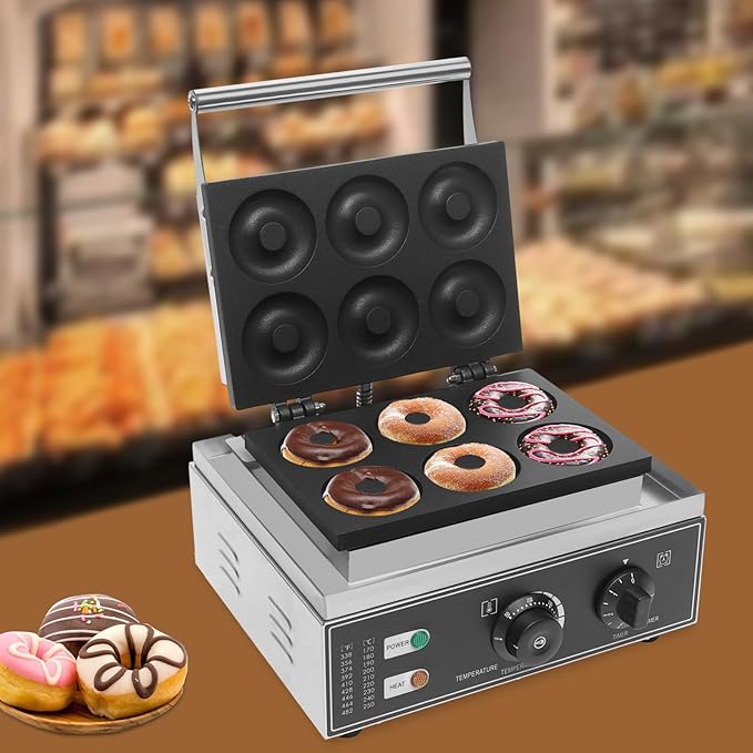 Mini Donut Makers, Commercial 6 Holes Double-Sided Electric Waffle Maker, 1550w 122-572℉ Non-Stick Donut Bake Machine for Professional Kitchen, Waffle Donut Machine for Chocolate Candies Ketchup etc