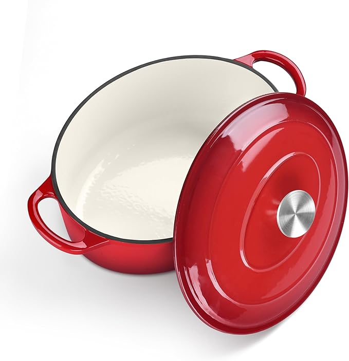 TeamFar Oval Dutch Oven, 5qt Enameled Cast Iron Dutch Oven Pot with Lid, For Bread Baking/Stewing/Braising/Frying, Suitable for Various Stoves, Dual Handles & Easy Cleanup, Red