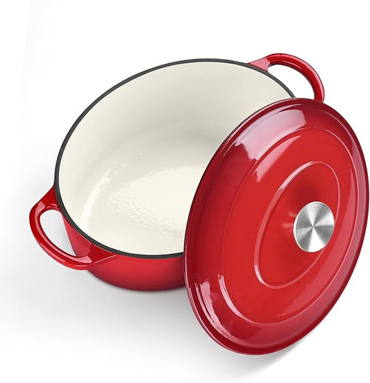TeamFar Oval Dutch Oven, 5qt Enameled Cast Iron Dutch Oven Pot with Lid, For Bread Baking/Stewing/Braising/Frying, Suitable for Various Stoves, Dual Handles & Easy Cleanup, Red