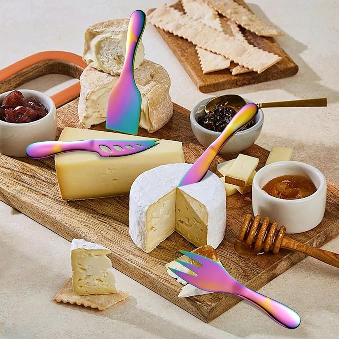 Rainbow Cheese Knives Set Stainless Steel Kitchenware Gadgets 7 Pieces include Colorful UtensilsCheese Knife,Cheese Spreader,Color Cheese Forks, Cheese Slicer,Cheese Cutter, Butter Knife