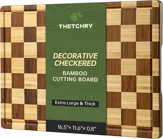 Decorative Checkered Thick Bamboo Cutting Board, End Grain Wood Chopping Board for Kitchen, Non-slip, Long-Lasting & Crack-Resistant, Serving Tray, Perfect Housewarming Gift 16.5”x11.6”x0.8”