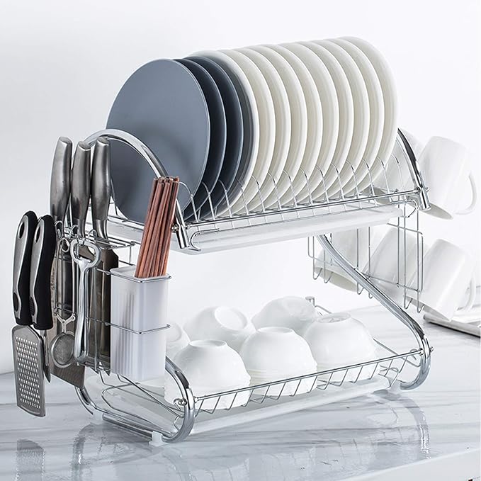 2 Tier Dish Racking System with Removable Drain Board - Sturdy Steel Kitchen Counter Organizer for Efficient Drying and Utensil Storage