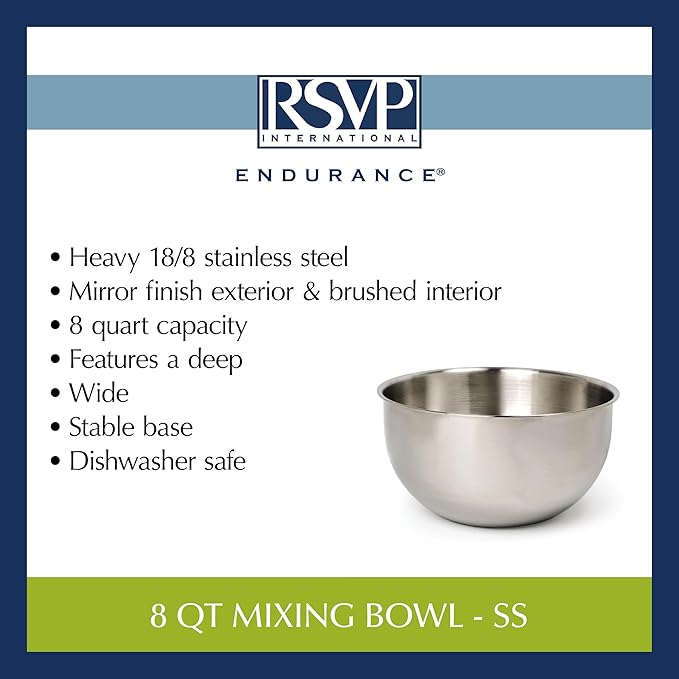 RSVP International Endurance Stainless Steel Mixing Bowls, 8 Quart
