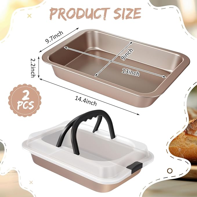 Qinyoung 2 Pcs Cake Baking Pan with Lid and Handle, 9 x 13 Inch Non-stick Rectangle Sheet Cake Pan Carrier for Brownie Roasting Cooking Baking (Gold)