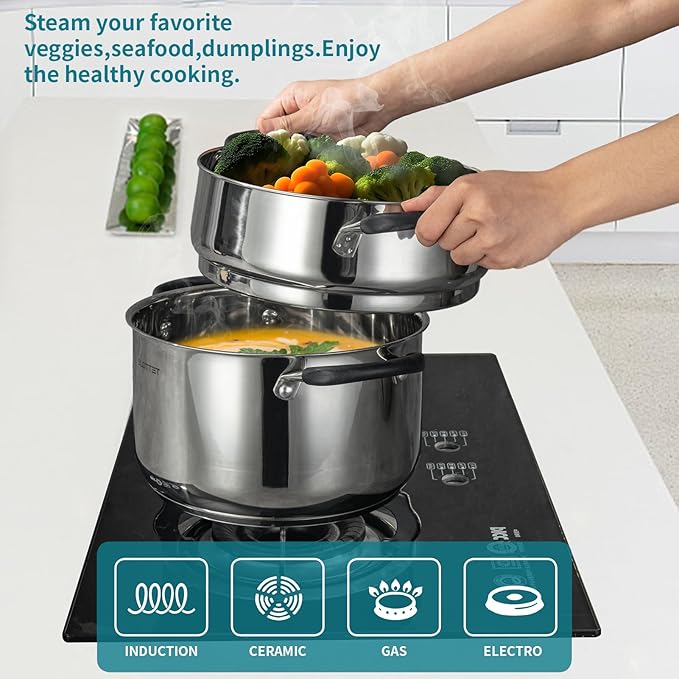 Stainless Steel 8 Quart Stock Pot with Steamer,8 Qt Deep Soup Pot for cooking,Multipurpose Stockpot with silicone Stay-cool Handle.Dishwasher and Oven Safe,Induction Stainless Steel Cookware