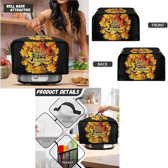 Unique Toaster 4 Slice Thanksgiving Day Decorations Set, Blender Bread Toaster Cover, Slow Cooker Cover Fit for Most 6-8 Qt Slow Cookers, Fall for Jesus He Never Leaves (Black)