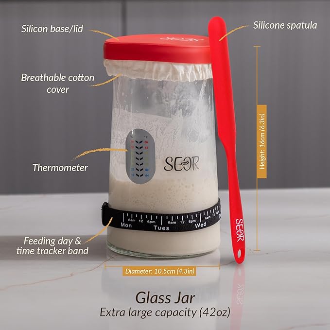 SEOR 10Pc Premium Sourdough Starter Kit; Complete Bread Baking Kit with Jar; Includes 2 Sourdough Proofing Baskets, Glass Fermentation Jar, Sourdough Tools & Baking Supplies for Artisan Loaves
