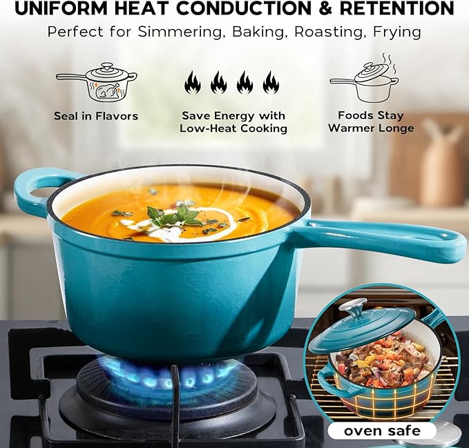 Onader 1QT & 2QT Saucepan Set with Lid, Enameled Cast Iron Sauce Pan Pot, Small Dutch Oven Cooking Kitchen Pot, Nonstick & Heavy Duty, Induction Compatible – Dark Cyan