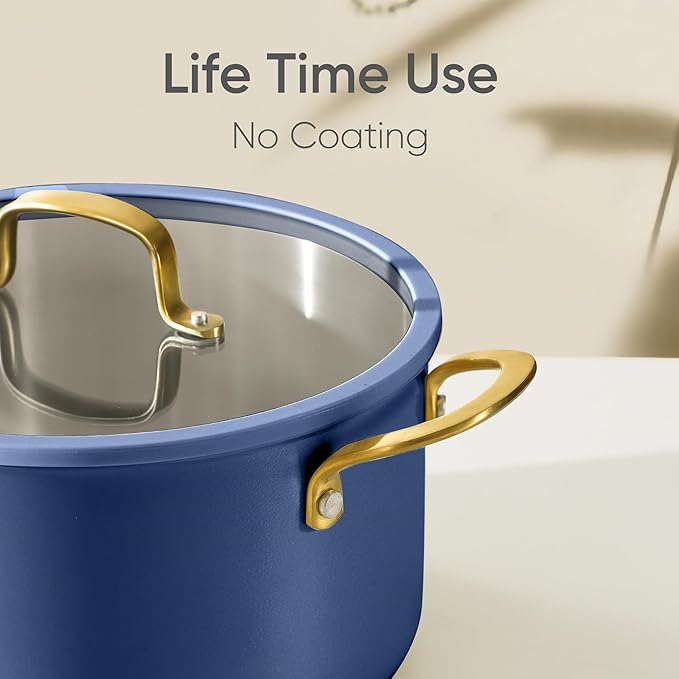CAROTE 8QT Full Clad Tri Ply Stainless Steel Stock Pot with Lid, Kitchen Stockpot Soup Pot, Outer Ceramic Layer, Even Heating, All Stoves Compatible, Oven & Dishwasher Safe, Stay Cool Handle, Blue