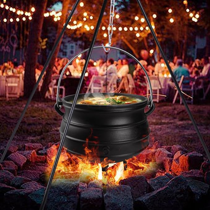 14QT Cast Iron Cauldron with Lid Heavy Duty Tripod Cookware Metal Handle Pre Seasoned South African Style Campfire Pot for Outdoor