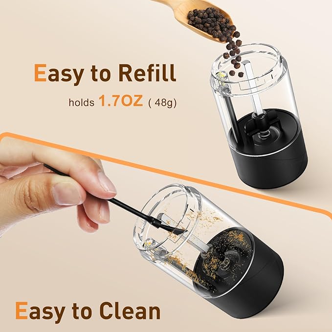 Electric Salt and Pepper Grinder Set, Rechargeable Automatic Pepper Mill Grinder with LED Light Gifts for Women, Adjustable Coarseness shakers, One-Hand Operation for Kitchen Essentials