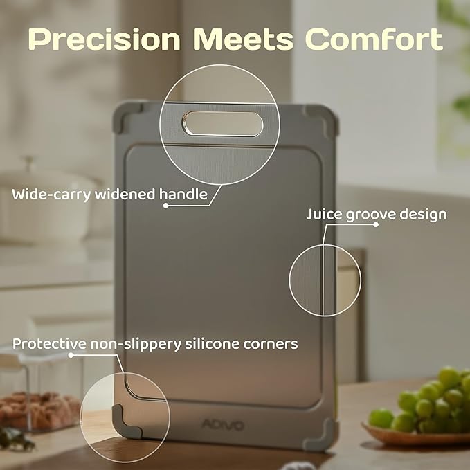 Adivo 100% Pure Titanium Cutting Board for Kitchen, Double-Sided Titanium Cutting Board with Juice Groove, Easy to Clean Metal Chopping Board for Meat Vegetables Fruit, Dishwasher Safe (15.3x11) Large
