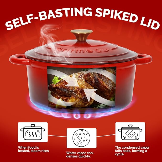 5.5 QT Enameled Cast Iron Dutch Oven – Heavy-Duty Red Pot with Lid & Dual Handles, Ideal for Bread Baking, Stews & Roasting – Includes Recipe Book