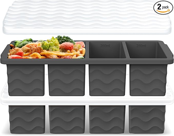 Silicone Freezer Tray for Soup with Lid – 1-Cup Soup Container Style Ice Cube Trays for Freezer, Meal Prep & Food Storage, Freeze 250mL/125mL Portions – 2 Pack