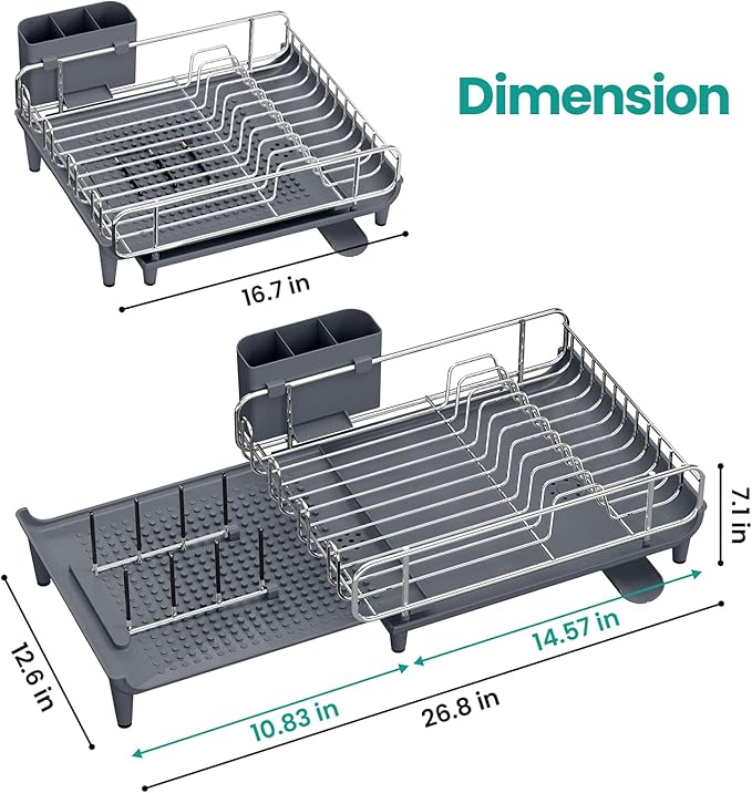 TOOLF Dish Drying Rack - Large Expandable Dish Rack for Kitchen Counter, Stainless Steel Dish Drainer for Kitchen Organization with Cutlery ＆ Cup Holder,Gray