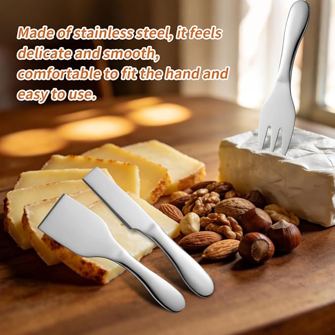 Cheese Knives Set Stainless Steel Silver 7 Pieces Kitchen Utensils Include Cheese Knife, Cheese Spreader, Cheese Forks, Cheese Slicer, Cheese Cutter, Butter Knives Server
