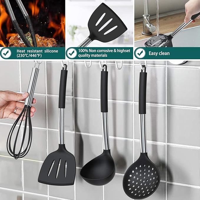 Silicone Cooking Utensil Set, Umite Chef 15pcs Silicone Cooking Kitchen Utensils Set, Non-stick - Best Kitchen Cookware with Stainless Steel Handle - Black Kitchen Utensils