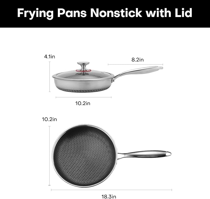 Lazycorner Non Stick Frying Pans Skillet with Lid, 10 Inch Stainless Steel Kitchen Cookware Pot, Non toxic Healthy Induction Compatible PFAS PTFE PFOA PFOS Free