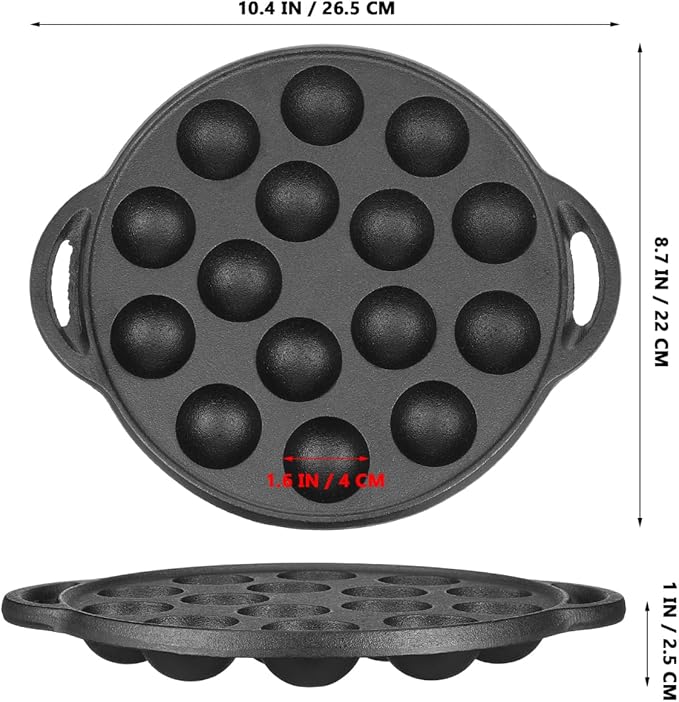 Cast Iron Takoyaki Pan with 15 Holes, Non-Stick Escargot Plate for Snails and Meatballs, Includes Forks and Brush, Compact Size for Home and Professional Use