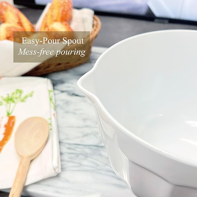 UP Latte Style Melamine Batter Bowl with Pour Spout, Handle and Non-Slip Base, Grip Handle for Easy Mix and Pour, Home Essentials Cooking and Baking Tools, 4.3 quart, 11.5 x 8.75 Inch, White