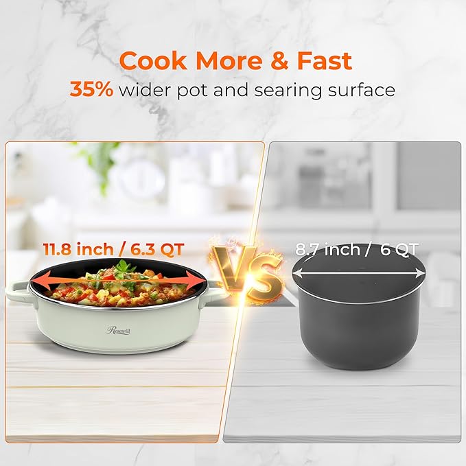 Rosewill 12.7 QT Electric Hot Pot Slow Cooker with Multiple Functions, Split Design with 11.8 inch Wider Cooking Pot and SUS Steam Basket, 1600W High Power, Includes Utensils - Light Green