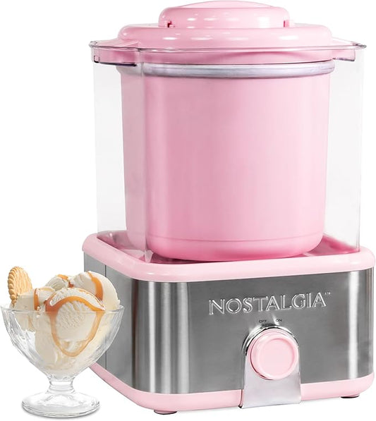 Nostalgia Electric Ice Cream Maker with 2-Qt Double Insulated Gel Canister & Stainless Steel Base - Makes Sorbet, Soft Serve, and Frozen Yogurt - Pink