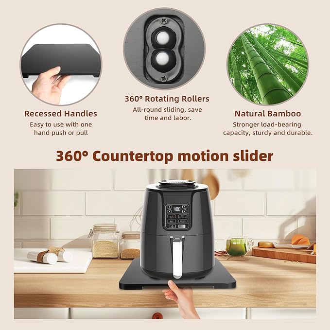 360° Rolling Tray Bamboo Appliance Slider for Kitchen Appliances, Coffee Maker Mat Tray for Countertops Sliding Tray for Coffee Maker Appliances Mat Easily from Under The Cabinet Black 11.6×13.9