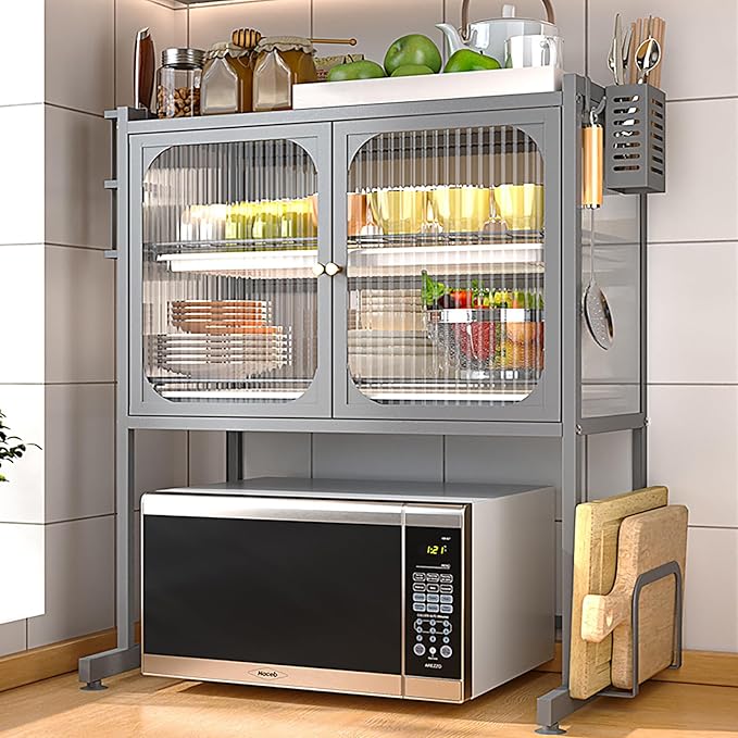 3 Tier Kitchen Countertop Microwave Oven Rack Dying Rack with Storage Cabinet Tableware Organizer Shelf with Draining Trays Knife/Chopping Board Holder Multifunctional Tableware Storage