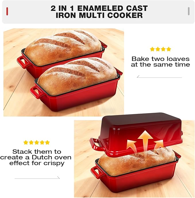 13x5 Enameled Cast Iron Loaf Pan with Lid – Bread Pan for Sourdough, Cake, Meatloaf, Even Heat, Nonstick, Easy to Clean, 2 Piece Set