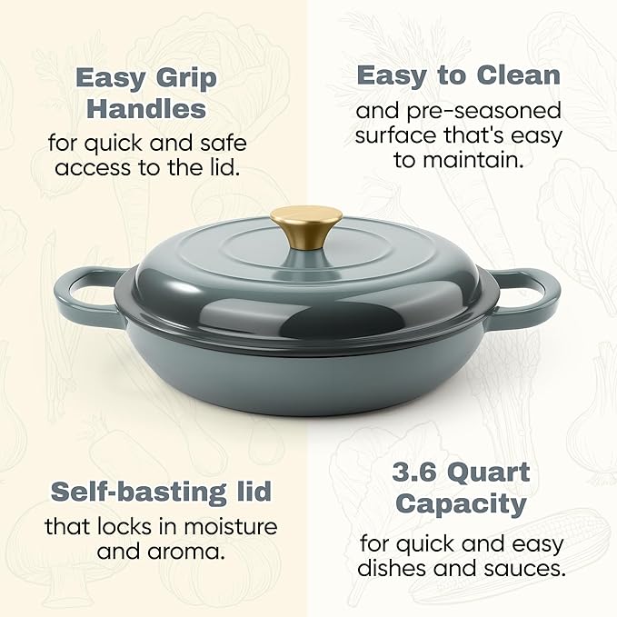 3 Quart Enameled Cast Iron Braiser, Non Stick Enameled Cast Iron Skillet with Lid, Dutch Oven Skillet with lid up to 500°F for Oven, Stove, Grill, Shallow Dutch Oven for Cook, Bake (Gray)