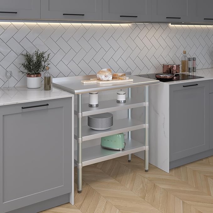 AmGood Stainless Steel Work Table with 1.5" Backsplash and 3 Shelves | Metal Kitchen Food Prep Table | NSF (36" Long x 18" Deep)