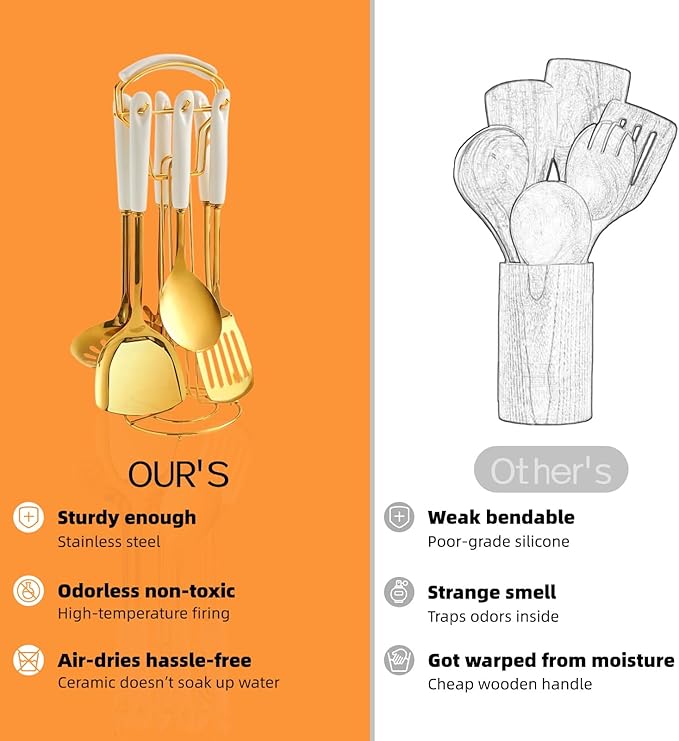 Stainless Steel Gold Kitchen Utensils Set with Holder & Spoon Rest, Durable Kitchen Accessories Includes 6 Cooking Utensils, 1 Hanging Rack,1 Ladle Holder, Easy to Clean, Modern Countertop Décor