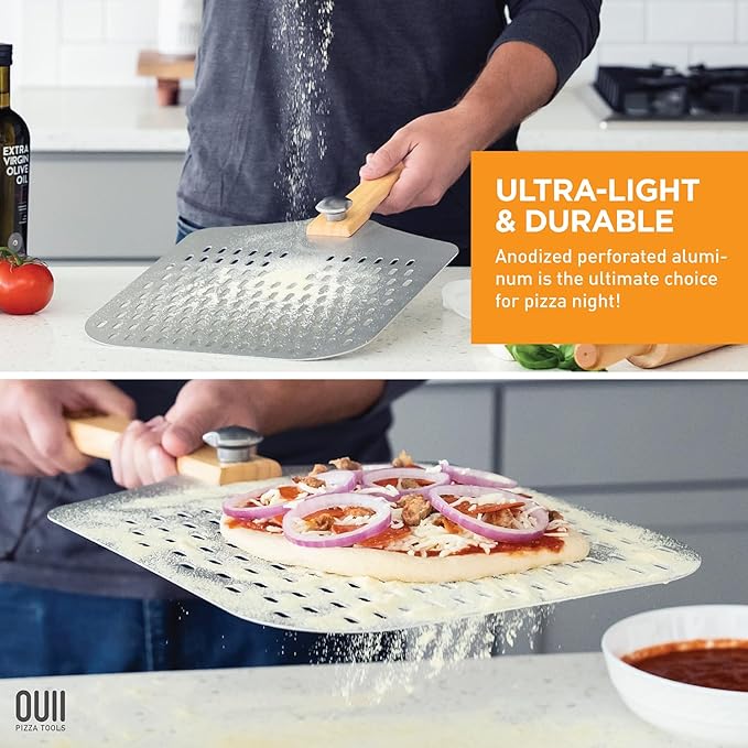 Perforated Pizza Peel 12 x 14 Inch. Paddle Spatula with Foldable Handle - Pizza Cutter Rocker 14'' Blade. Pizza Stone Oven Accessories and Chopper Knife Tools
