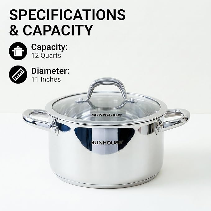 Sunhouse Professional 12-Quart Whole-Clad Multi-Ply Stainless Steel Stock Pot with Lid - Premium 18/10 Whole Body Clad Stock Pot - Induction Ready, Oven Safe Dishwasher Safe Cooking Pot