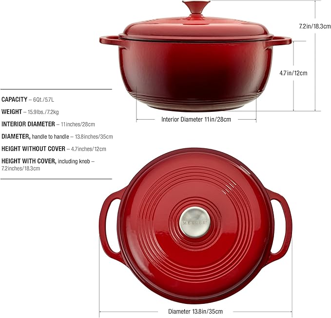 Mercer Culinary Enameled Cast Iron Round Dutch Oven, 6 qt., Red