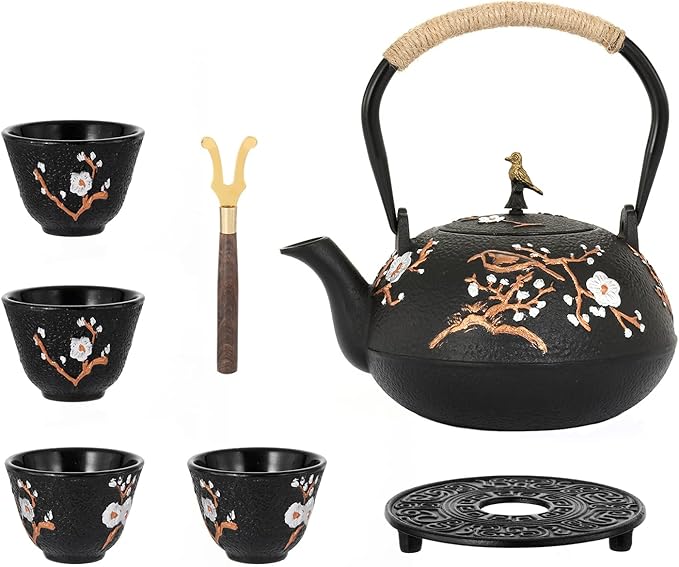 Dyna-Living Cast Iron Teapot 1200ml/40.6oz Japanese Tea Set with 4 Tea Cups Japanese Cast Iron Teapot with Infuser Japanese Tea Kettle Stovetop Gift for Tea Lover