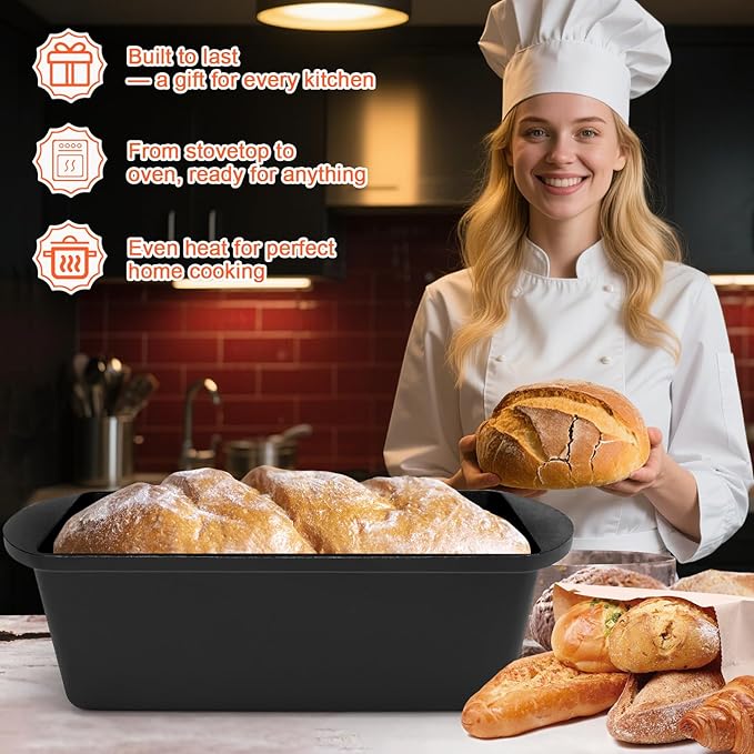 QuliMetal 14×5.5 Bread Loaf Pan, Oval Cast Iron Bread Pan With Lid,Sourdough Artisan Bread Baking Pan, Pre-Seasoned, 3.2QT, With Sourdough Starter Kit, Sourdough Artisan Bread Baking Pan