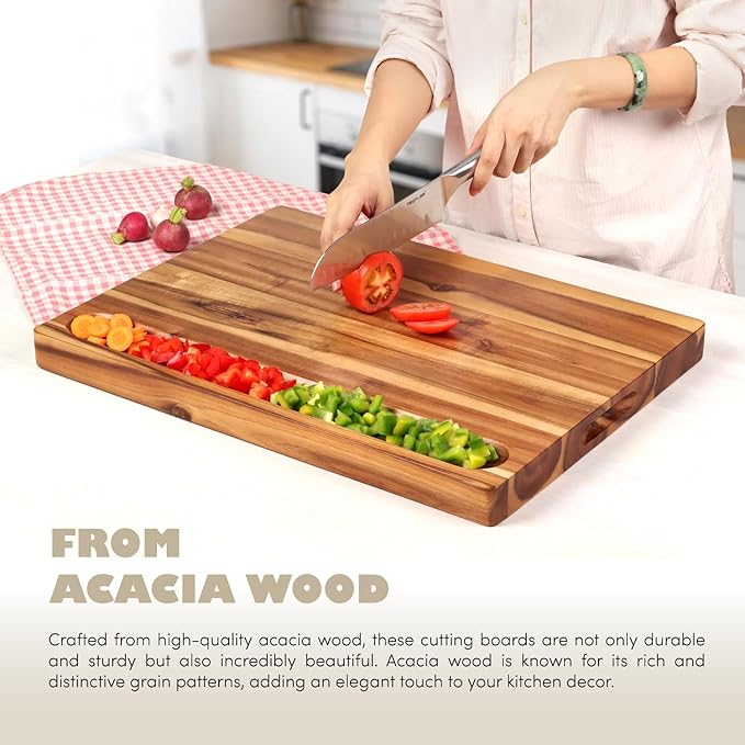 Acacia Wood Cutting Board (17x13x1.5in) and Wooden Butcher Block, Chopping Board - Reversible Multipurpose For Meat, Cheese Board, Vegetables, Bread...with Juice Groove, Cracker Holder & Inner Handles