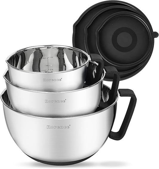 Rorence Stainless Steel Non-Slip Mixing Bowls With Pour Spout, Handle and Lid, Set of 3, Black